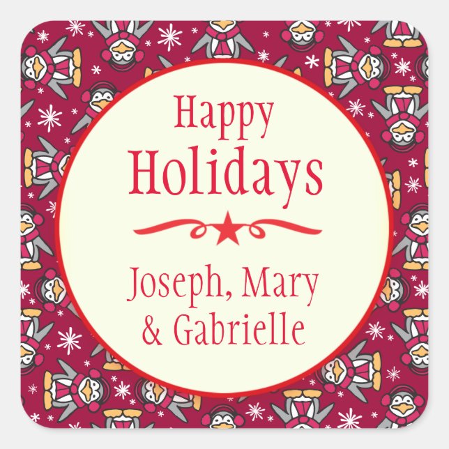 Navidades pingüinos nombre pegatina de regalo de v (Anverso)