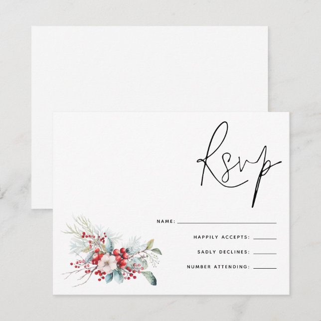Navidades Poinsettia Berries Script Wedding RSVP (Anverso / Reverso)