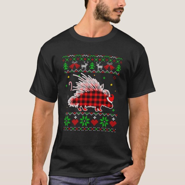 Navidades Porcupine Santa Ugly Red Plaid Sweater (Anverso)