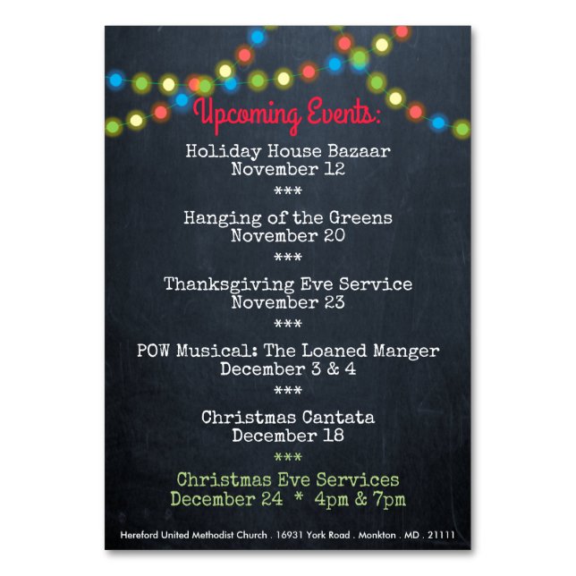 Navidades Próximos Eventos Tarjeta de mesa de igle (Reverso)