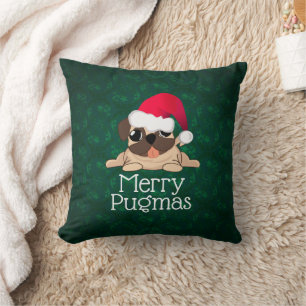 Navidades Pug Cojín decorativo de perro 16" x 16"