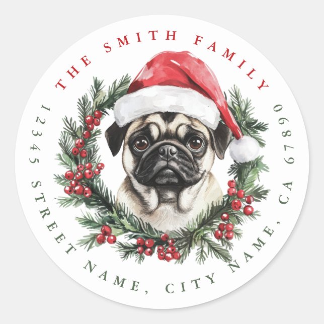 Navidades Pug Round Pegatinas (Anverso)