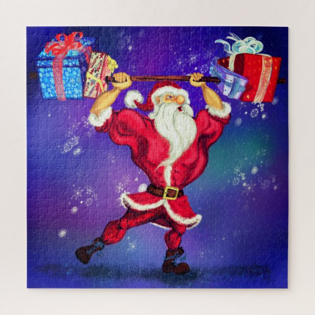 Navidades Puzzle Gift Bodybuilder Santa con regalo (Vertical)
