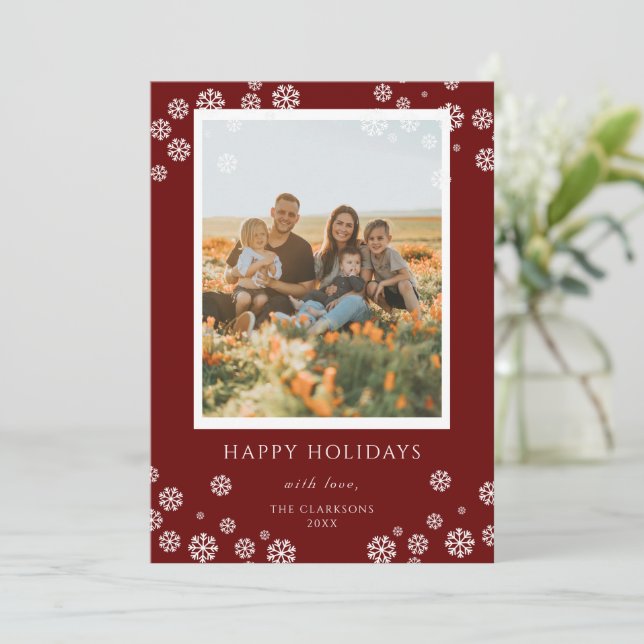 Navidades Red Snowflakes Frames Tarjeta navideña f (Anverso de pie)