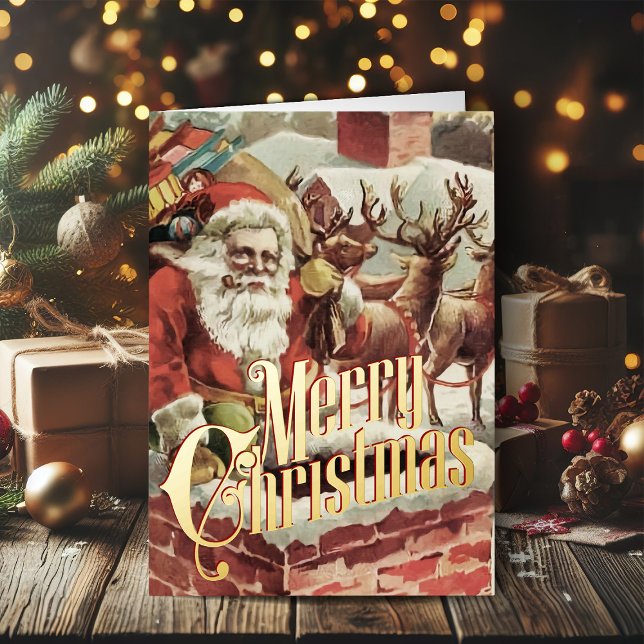 Navidades retro con tarjeta de vinos Feliz Navidad (Vintage Christmas cards gold foil Christmas card with retro Santa Claus)