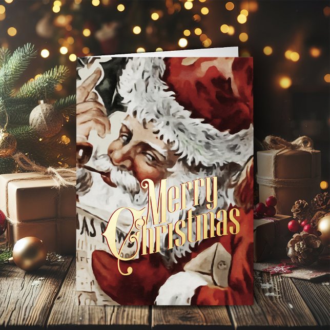 Navidades retro con tarjeta de vinos Feliz Navidad (Vintage Christmas cards gold foil Christmas card with retro Santa Claus)