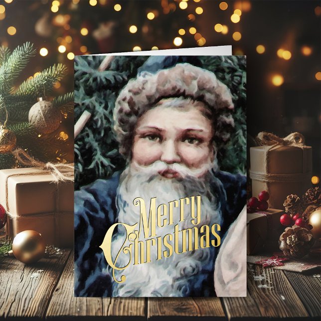 Navidades retro con tarjeta de vinos Feliz Navidad (Vintage Christmas cards gold foil Christmas card with retro Santa Claus)