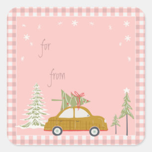 Navidades Retro Rosa Coche Woodland Gift Etiqueta
