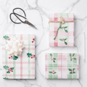 Navidades Retro Verde Rosa Envuelven hojas de pape