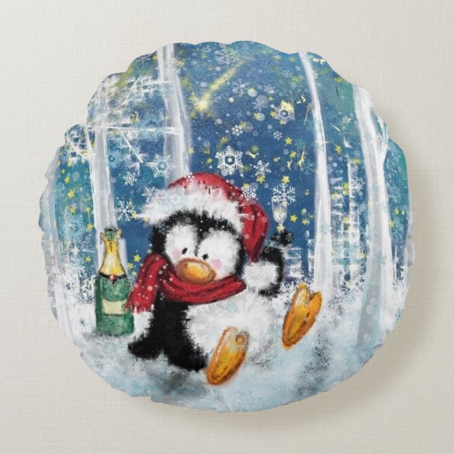 Navidades rodean a almohada con pingüino feliz (Anverso)