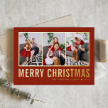 Navidades rojos del Collage de fotos de tipografía<br><div class="desc">Feliz Navidad! Envíe sus cálidos deseos esta temporada con esta tarjeta de collage de fotos de los Navidades de personalizable. Presenta una tipografía simple sobre un fondo rojo. Personalice agregando tres fotos, nombres, año y otros detalles. Esta moderna tarjeta de Navidades de Relieve metalizado dorado está disponible en otros colores...</div>