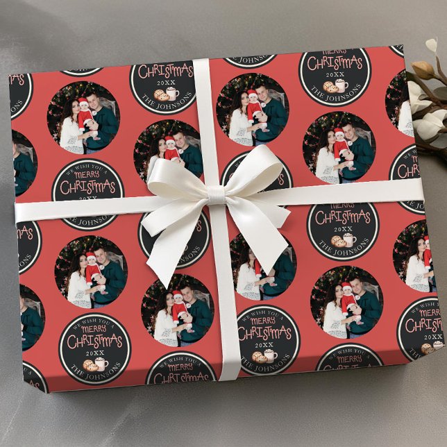 Navidades rojos foto envolver papel con mensaje (Christmas Family Wrapping Paper)
