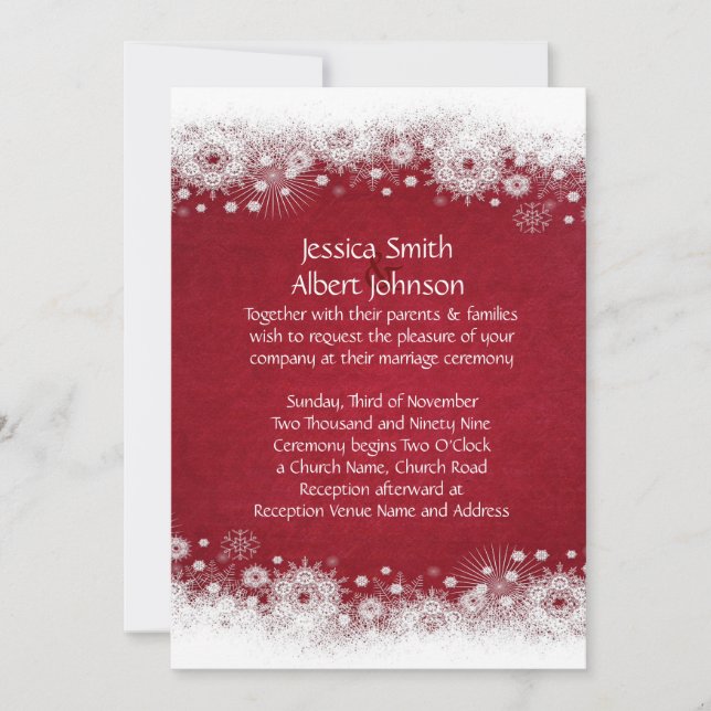 Navidades rojos Invitación a la boda de copos de n (Anverso)