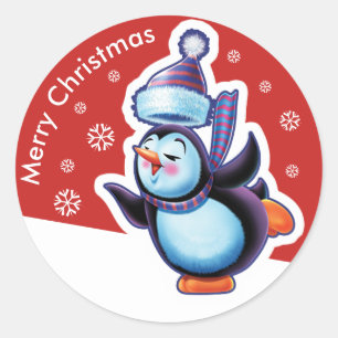 Navidades rojos pegatina redondo patinando pingüin