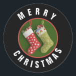 Navidades rojos y verdes Pegatina de vacaciones de<br><div class="desc">Diseño de medias de Navidades rojos y verdes con un saludo de Feliz Navidad en blanco. Excelente para envolver regalos,  sellar sobres,  adjuntar etiquetas a un paquete o poner en tus hijos bolsas de almuerzo!!</div>