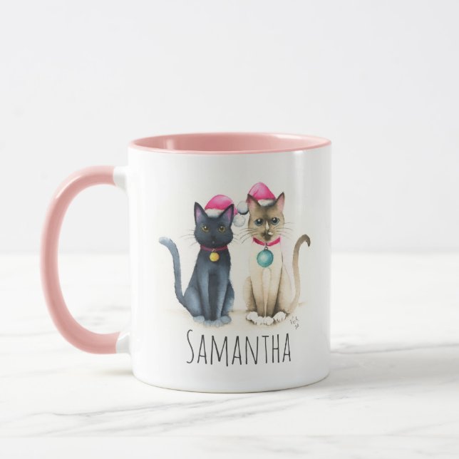 Navidades rosados de gato lindo tazas de café (Izquierda)