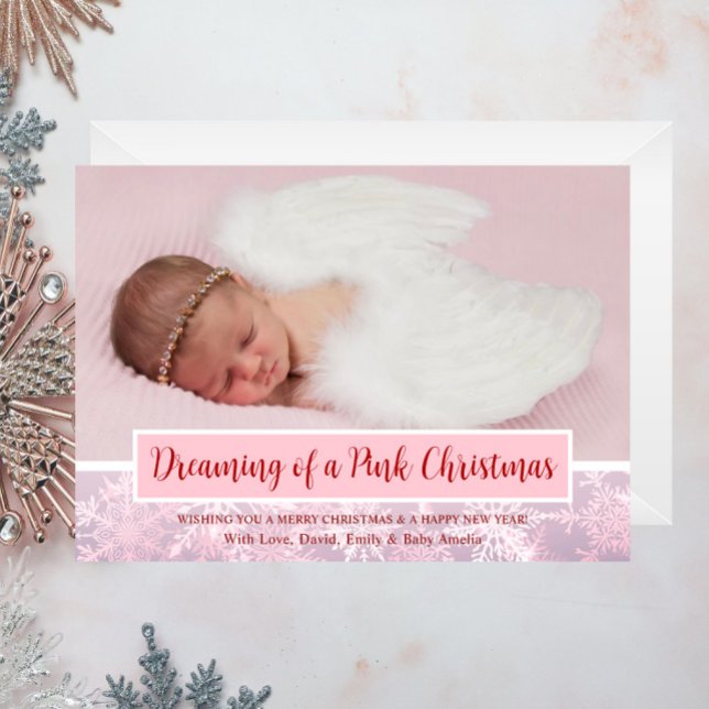 Navidades rosados Foto Snowflake Primera Navidad (Dreaming of a Pink Christmas Snowflake Photo Birth Announcement, Family Holiday Card, Cute, Girly)