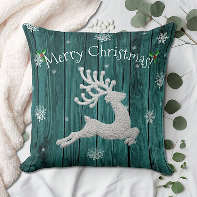 Navidades rusos verde azulados Cojín decorativo de (Teal Rustic Christmas Reindeer Throw Pillow)