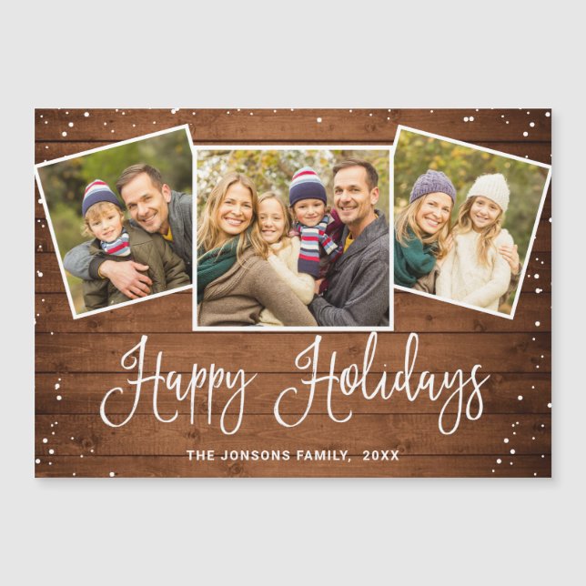 Navidades Rustic Brown Wood 3 PHOT Magnetic Card (Anverso)