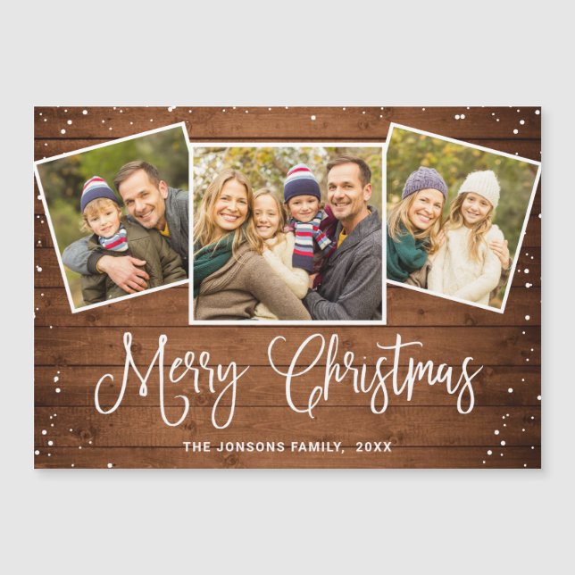 Navidades Rustic Brown Wood 3 PHOT Magnetic Card (Anverso)