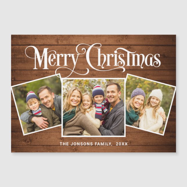 Navidades Rustic Brown Wood 3 PHOT Magnetic Card (Anverso)