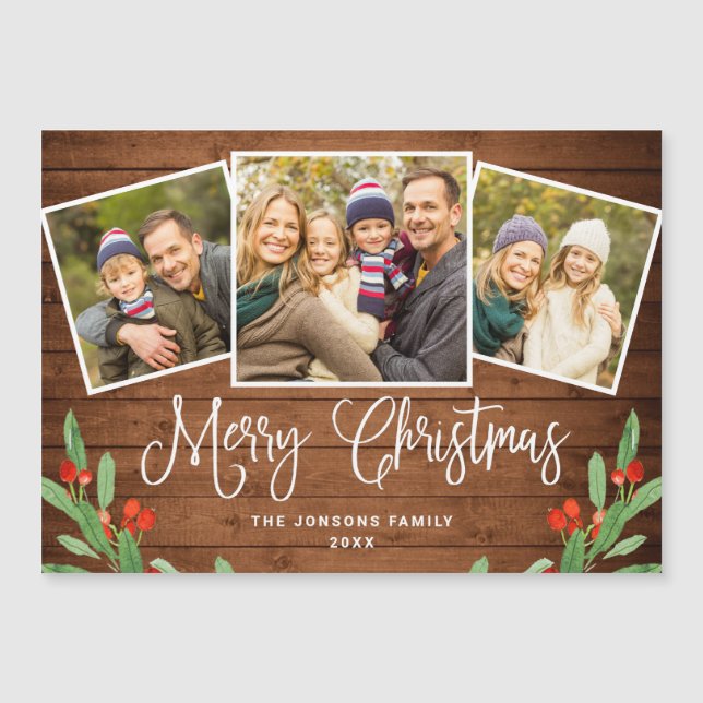 Navidades Rustic Brown Wood 3 PHOT Magnetic Card (Anverso)
