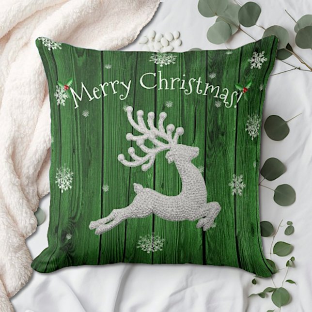 Navidades Rústicos Verdes Cojín decorativo de reno (Green Rustic Christmas Reindeer Throw Pillow)