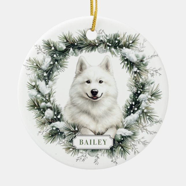 Navidades Samoyed Perro Cerámica Ornamento Círculo (Frente)