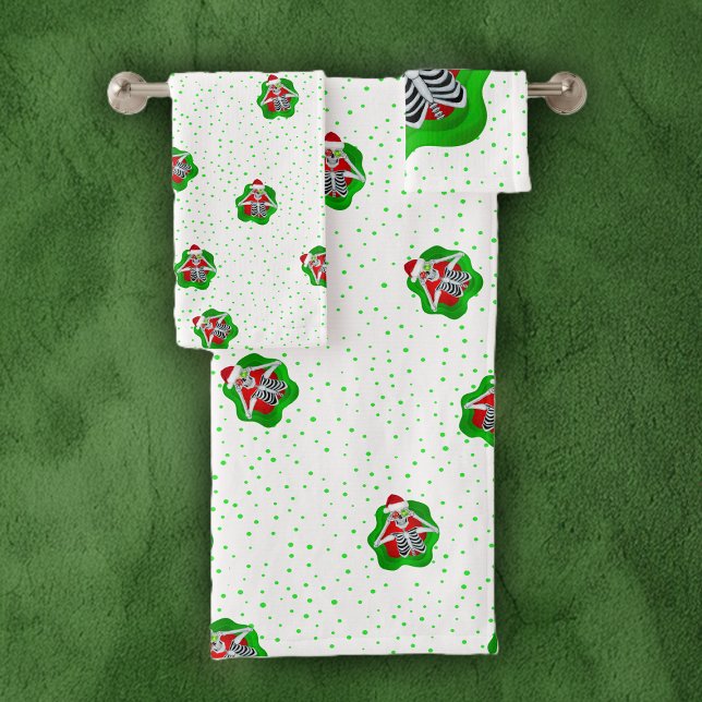 Navidades Skeleton Puntos de forma de plataforma b (Fun Christmas skeletons red green splatters polka dots on white bath towel set.)