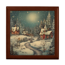 "Navidades Snowy Night Village Scene" Caja de Keep