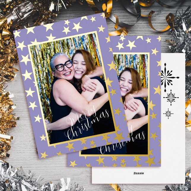 Navidades Starry Foto Tarjeta de vacaciones de Rel (Starry Christmas Photo Lilac Foil Holiday Card)