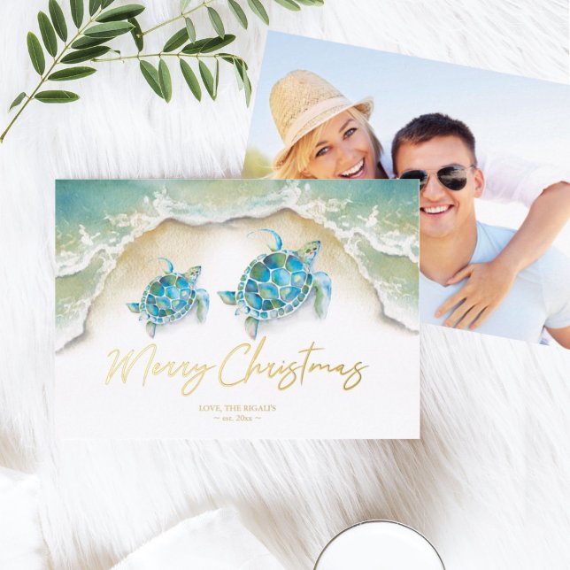 Navidades Tarjeta Tortugas Marinas (beach Christmas card tropical watercolor sea turtles ocean waves photo )