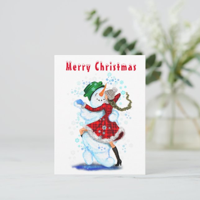 Navidades tarjetas Snowman y Chica Dance Fun (Anverso de pie)