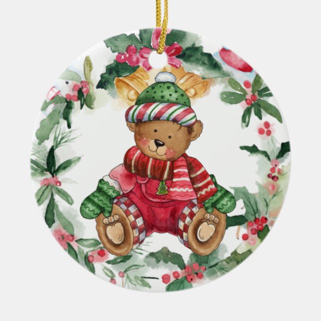 Navidades Teddy Bear Ornamento cerámico (Frente)