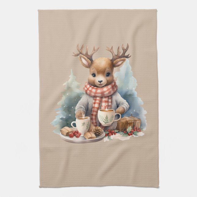 Navidades toalla de cocina ilustracion de ciervo r (Vertical)
