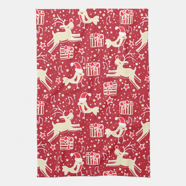 Navidades toalla de cocina roja patrón pájaro de r (Vertical)