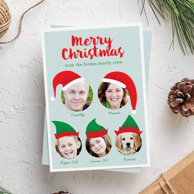 Navidades tripulan familia de cinco tarjetas de va (folded funny Christmas holiday five photo card with Santa and elf hats on each family member)
