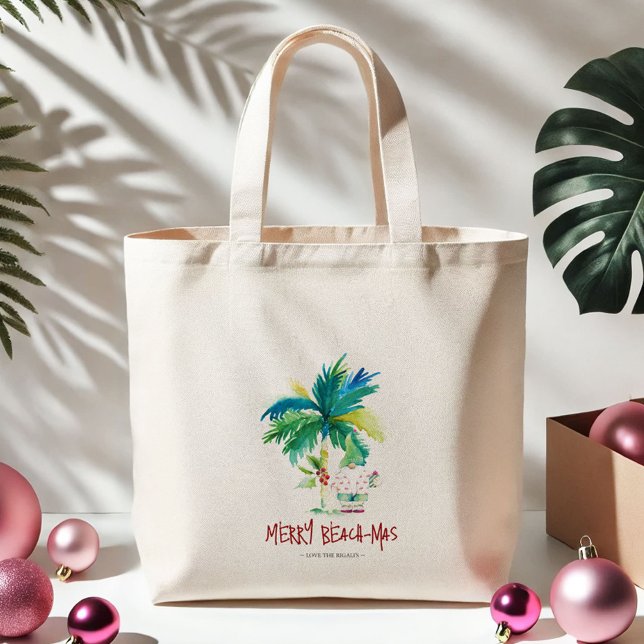 Navidades tropicales cortos con bolsas (Tropical Christmas beach-mas tote bag watercolor palm tree and Santa art by Victoria Grigaliunas)