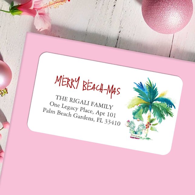 Navidades tropicales devuelven etiquetas de direcc (Christmas return address labels beach-mas watercolor art by Victoria Grigaliunas Do Tell A Belle)