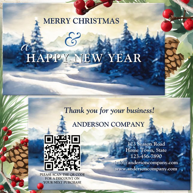 Navidades Vacaciones Compañía Gracias Tarjeta de v (Christmas Thank You for your business business card with watercolor pine trees and QR code template)