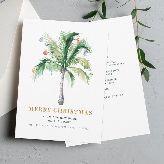 Navidades Vacaciones Palm Tree Moving Invitación (Christmas Moving Announcement Palm Tree Coastal Beach House)