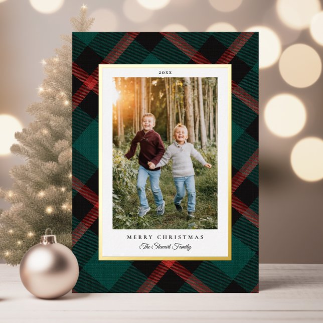 Navidades Verdaderos Relieves metalizados Red Gree (Real Foil Red Green Plaid Christmas Foil Holiday Card with 1 photo)