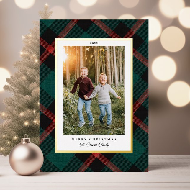 Navidades Verdaderos Relieves metalizados Red Gree (Real Foil Red Green Plaid Christmas Foil Holiday Card with 2 Photos)