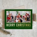 Navidades verdes del Collage de fotos de tipografí<br><div class="desc">Feliz Navidad! Envíe sus cálidos deseos esta temporada con esta tarjeta de collage de fotos de los Navidades de personalizable. Presenta una tipografía simple sobre un fondo verde. Personalice agregando tres fotos, nombres, año y otros detalles. Esta moderna tarjeta de Navidades de Relieve metalizado dorado está disponible en otros colores...</div>