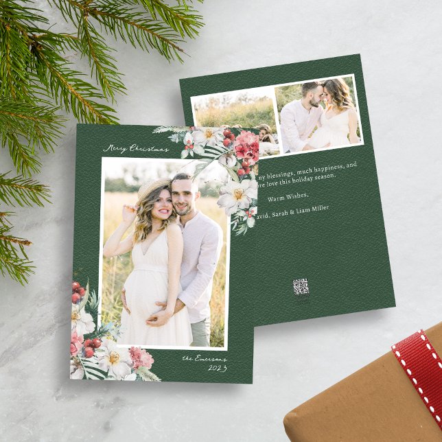 Navidades verdes elegante tarjeta de vacaciones de (Green Merry Christmas Photo Collage Holiday Card with Elegant Watercolor Botanical Florals Berries)