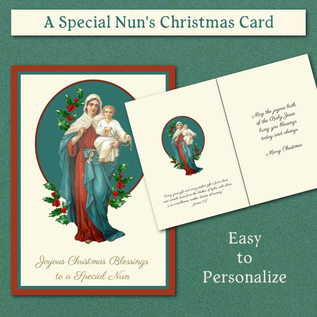 Navidades Virgen María Jesús Católico Nun Rosary (Traditional Catholic Nun's Christmas Card with Virgin Mary and Jesus )
