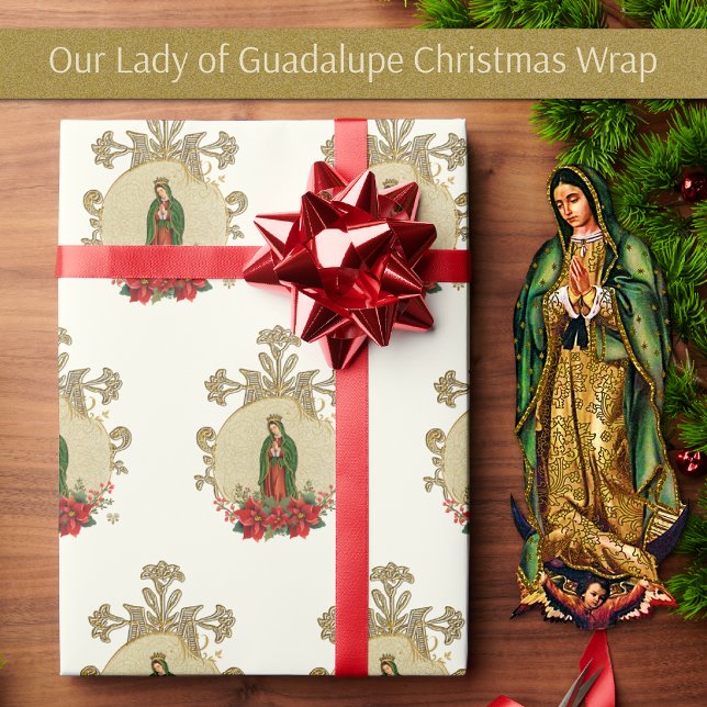 Navidades Virgin Mary Guadalupe Papel de envolvimi (Our Lady of Guadalupe Christmas Wrapping Paper with poinsettias)