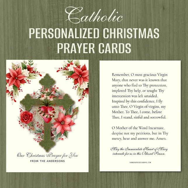 Navidades Virgin Mary Memorare Oración Poinsettia (Personalized Catholic Christmas Memorare Prayer Holy Card)