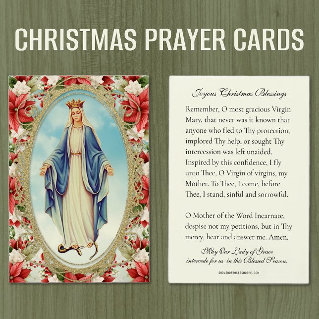 Navidades Virgin Mary Memorare Oración Poinsettia (Christmas Memorare Prayer Cards - Our Lady of Grace )