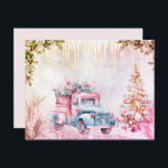 Navidades Watercolor Vintage Truck Winter Scene<br><div class="desc">Una hermosa tarjeta de Navidades de un camión de cosecha rosa y azul pastel sobre un fondo invernal usando la opción de filtro para coincidir con el camión</div>
